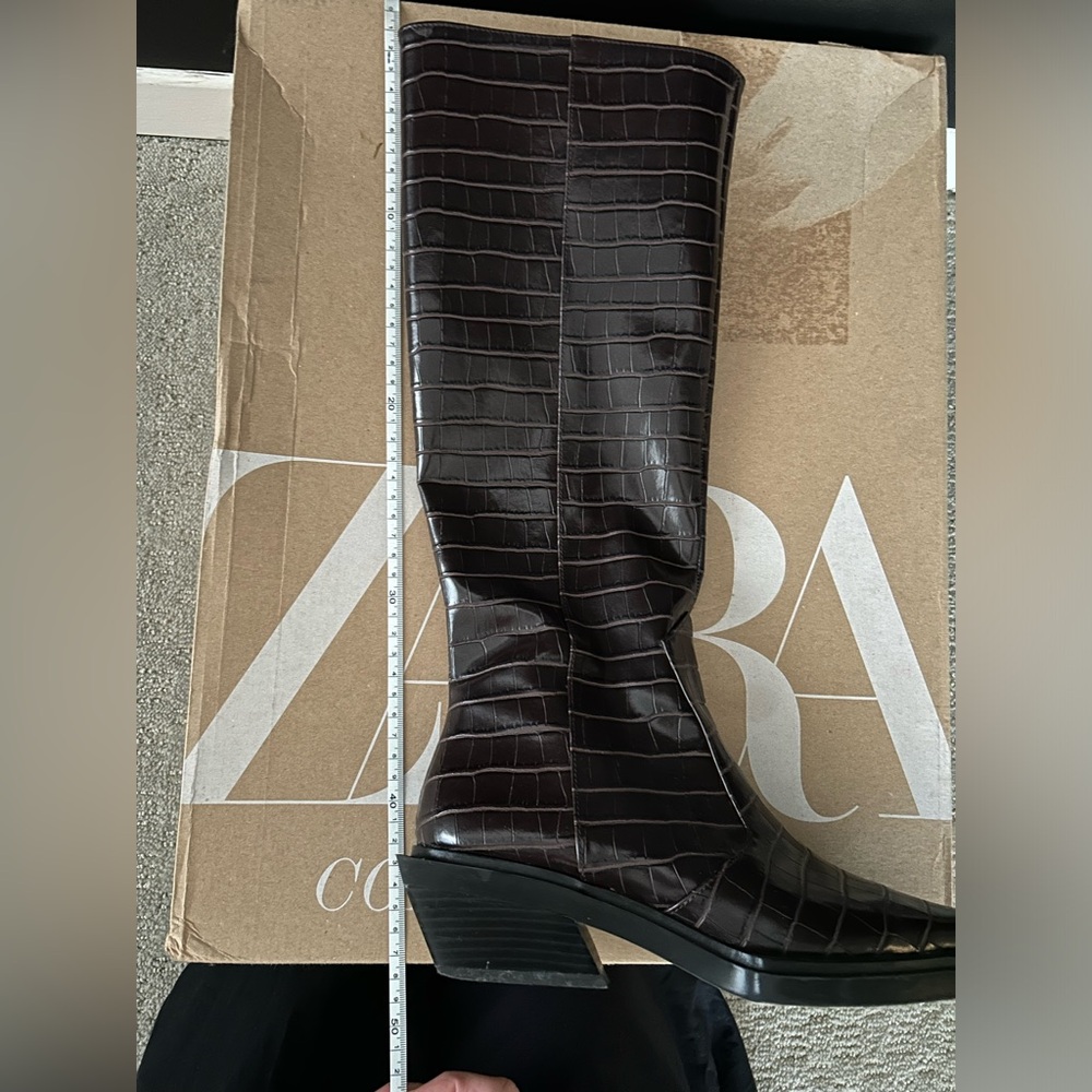Zara Dark Brown Croc-Embossed Knee Boots - Picture 5 of 5